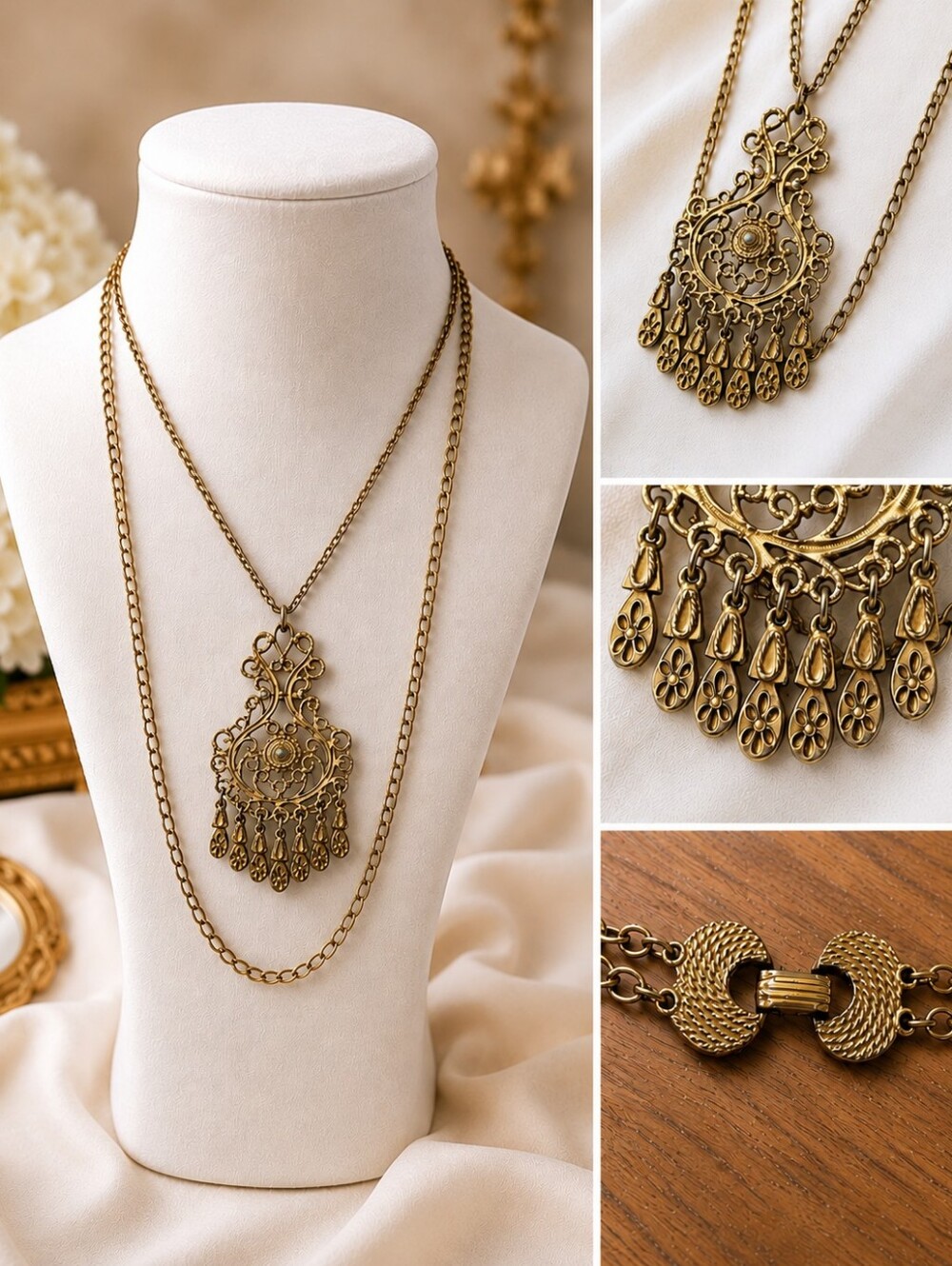 VINTAGE GOLDETTE ETRUSCAN REVIVAL CHANDELIER PENDANT NECKLACE BRASS/GOLD TONE